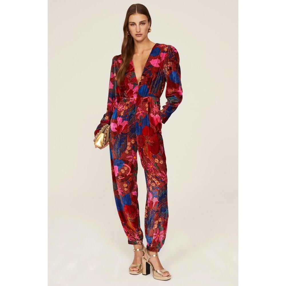 FARM Rio Snake Garden Red floral velvet Jumpsuit Size M fabric tear